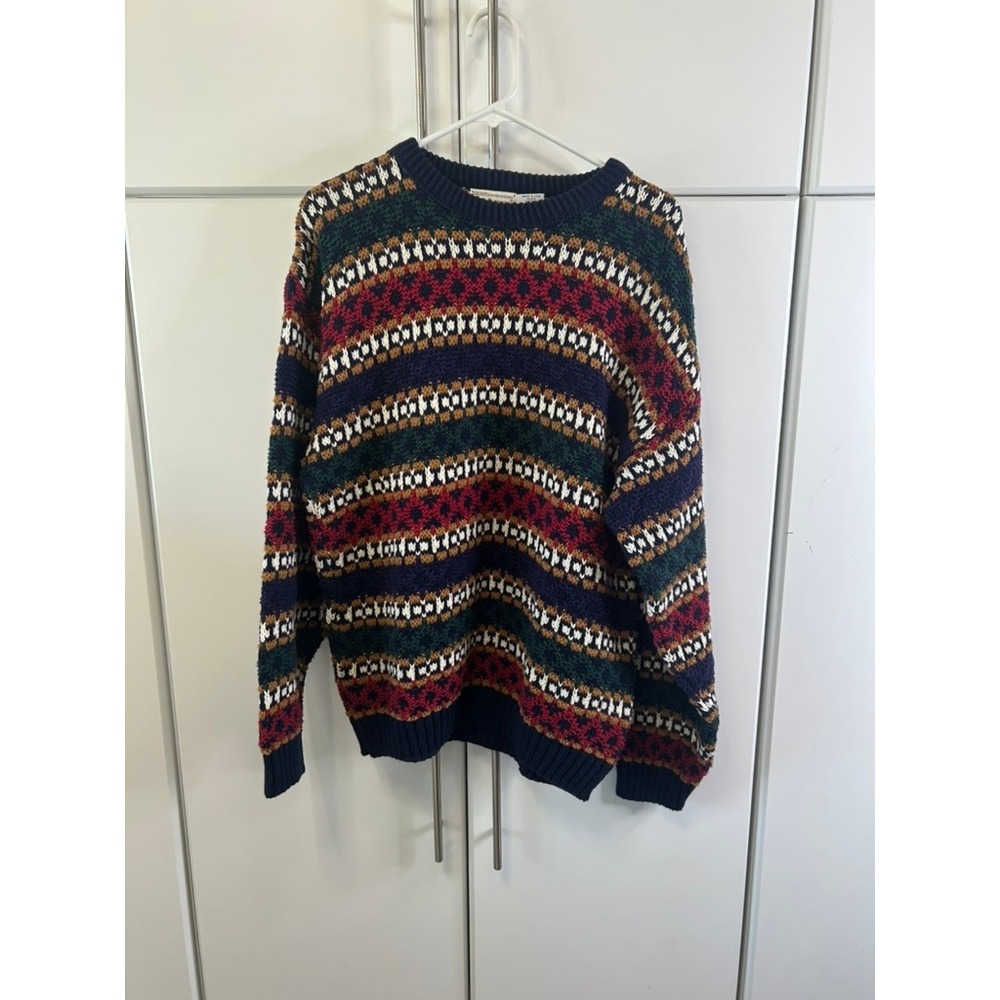 Norm Thompson Fair Isle Cotton Sweater Mens Large USA Made Crewneck Vintage Knit